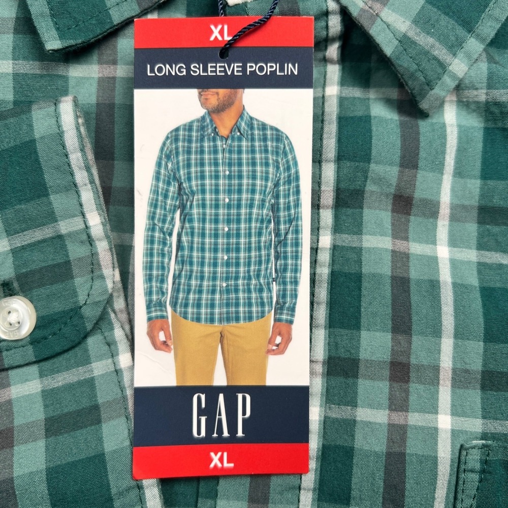 GAP Button Down Shirt Mens XL Green Plaid Long Sleeve Poplin Stretch New - Picture 5 of 9